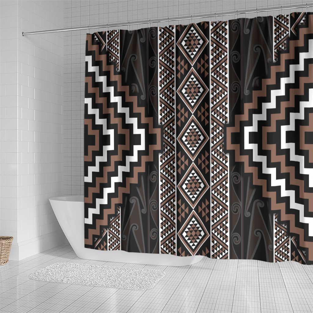 Classic Tukutuku Pattern Aotearoa Shower Curtain Niho Taniwha and Puhoro Motifs