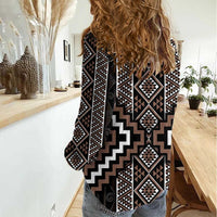 Classic Tukutuku Pattern Aotearoa Women Casual Shirt Niho Taniwha and Puhoro Motifs