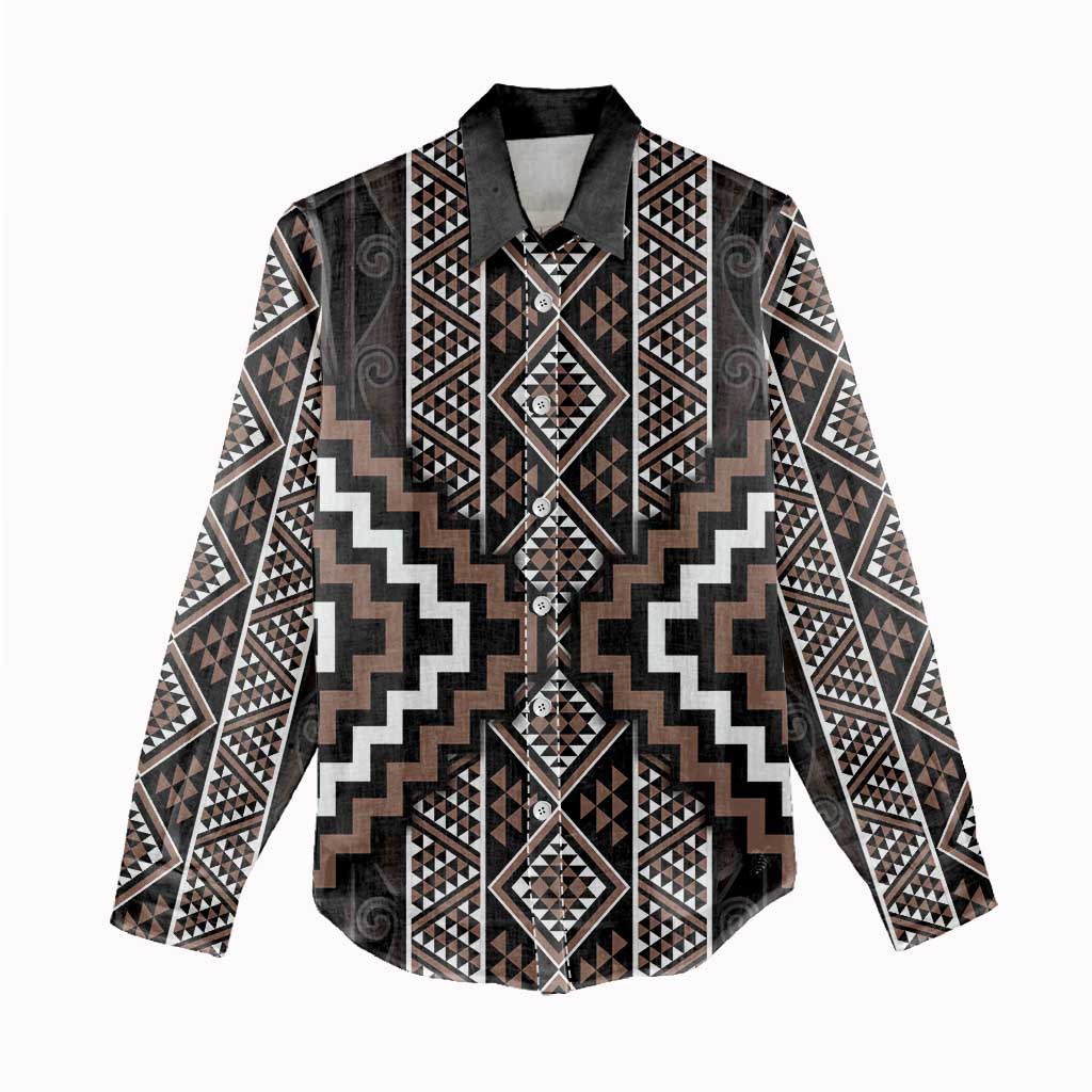Classic Tukutuku Pattern Aotearoa Women Casual Shirt Niho Taniwha and Puhoro Motifs