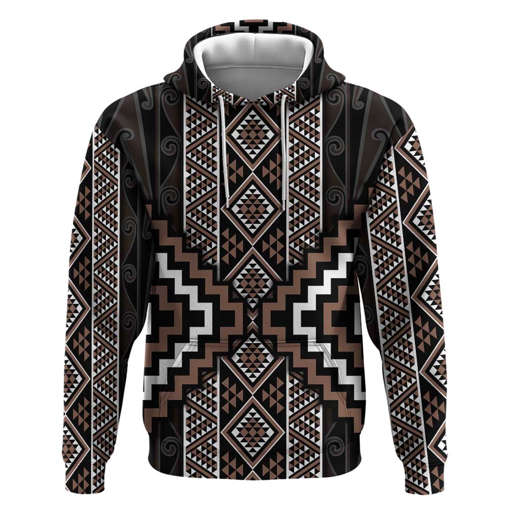 Classic Tukutuku Pattern Aotearoa Zip Hoodie Niho Taniwha and Puhoro Motifs LT7 Pullover Hoodie Brown - Polynesian Pride