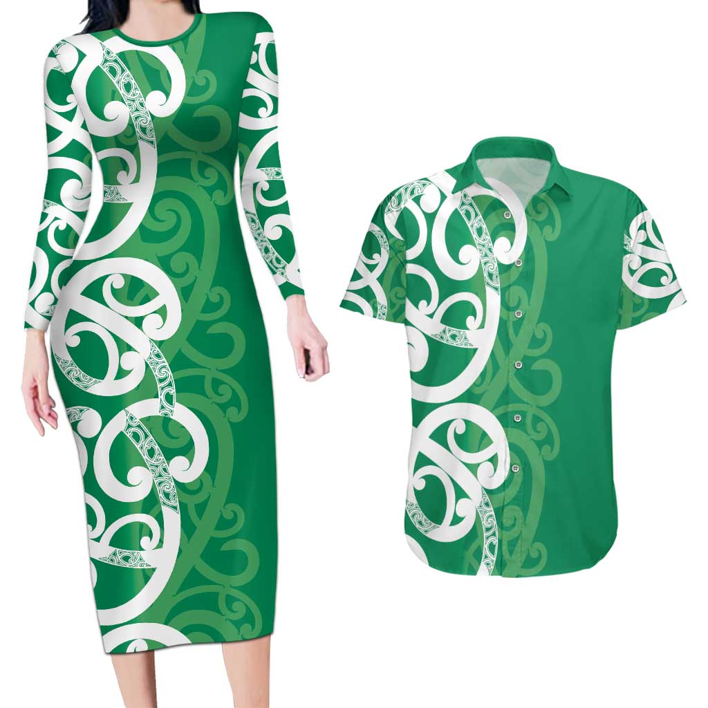 Pounamu Green Maori Couples Matching Long Sleeve Bodycon Dress and Hawaiian Shirt Koru Kowhaiwhai LT7 Green - Polynesian Pride