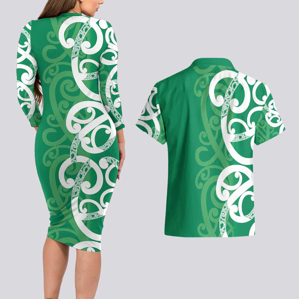 Pounamu Green Maori Couples Matching Long Sleeve Bodycon Dress and Hawaiian Shirt Koru Kowhaiwhai LT7 - Polynesian Pride
