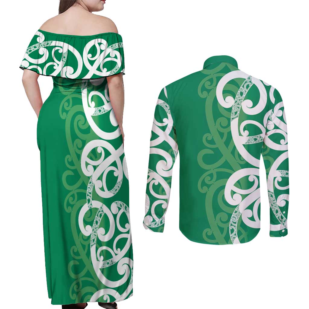 Pounamu Green Maori Couples Matching Off Shoulder Maxi Dress and Long Sleeve Button Shirt Koru Kowhaiwhai - Polynesian Pride