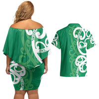 Pounamu Green Maori Couples Matching Off Shoulder Short Dress and Hawaiian Shirt Koru Kowhaiwhai LT7 - Polynesian Pride