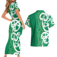 Pounamu Green Maori Couples Matching Short Sleeve Bodycon Dress and Hawaiian Shirt Koru Kowhaiwhai LT7 - Polynesian Pride