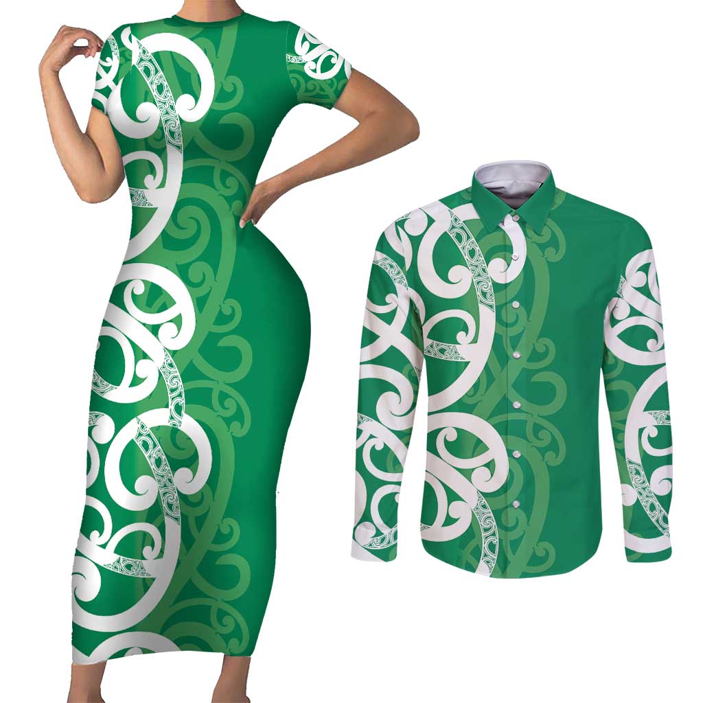 Pounamu Green Maori Couples Matching Short Sleeve Bodycon Dress and Long Sleeve Button Shirt Koru Kowhaiwhai LT7 Green - Polynesian Pride