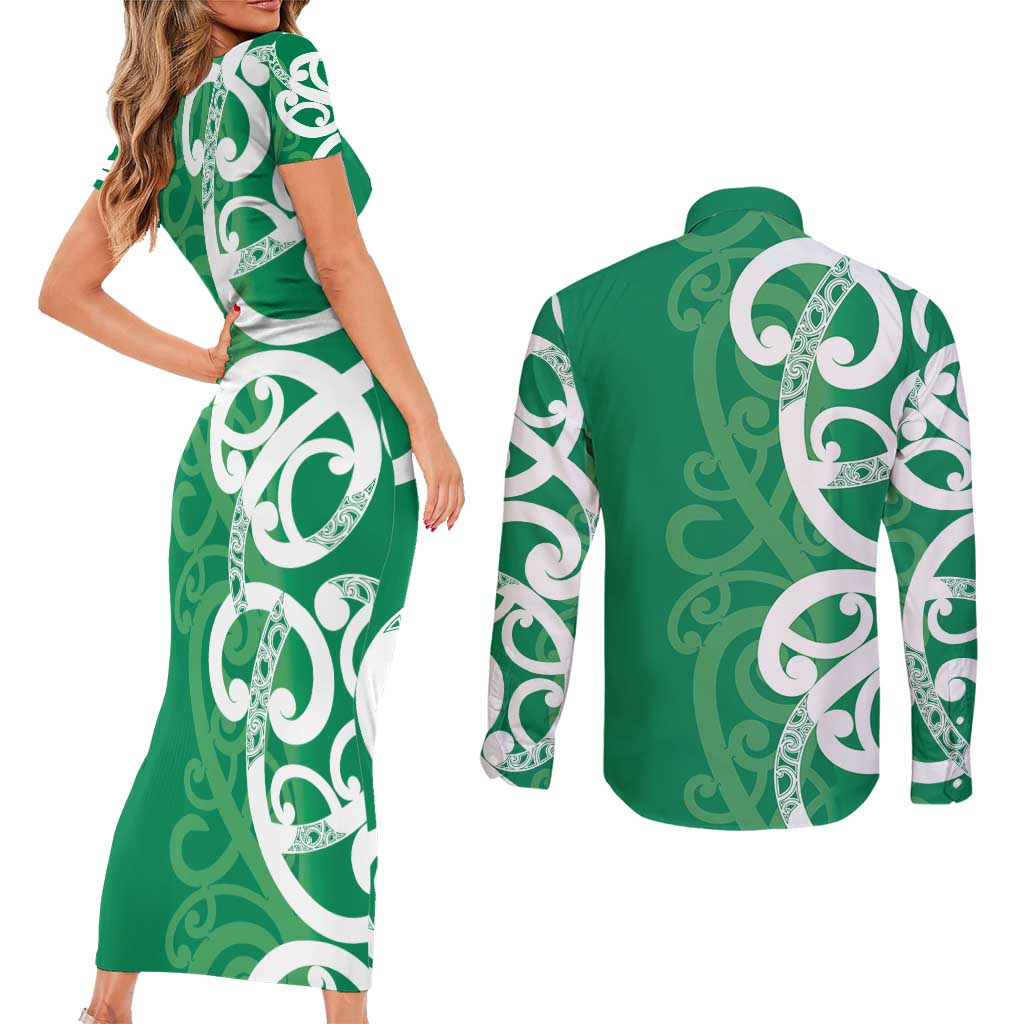 Pounamu Green Maori Couples Matching Short Sleeve Bodycon Dress and Long Sleeve Button Shirt Koru Kowhaiwhai LT7 - Polynesian Pride
