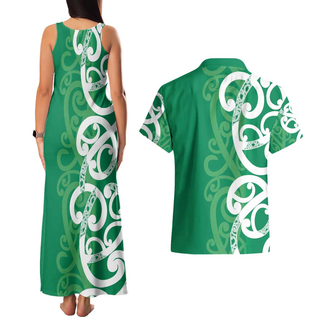 Pounamu Green Maori Couples Matching Tank Maxi Dress and Hawaiian Shirt Koru Kowhaiwhai LT7 - Polynesian Pride