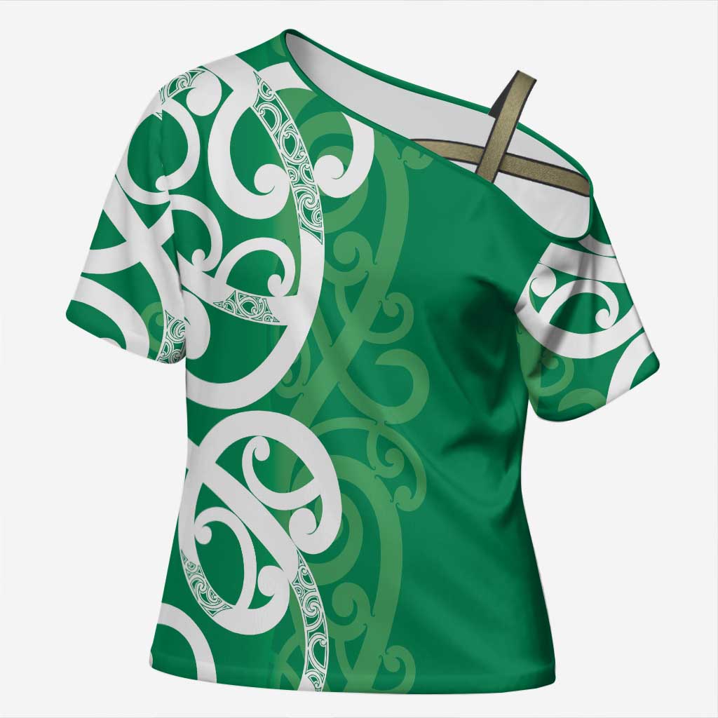 Pounamu Green Maori Cross Shoulder Shirt Koru Kowhaiwhai - Polynesian Pride