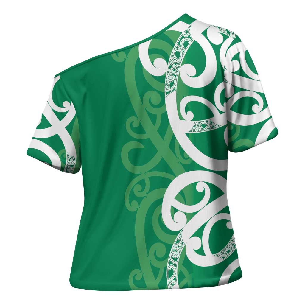 Pounamu Green Maori Cross Shoulder Shirt Koru Kowhaiwhai - Polynesian Pride