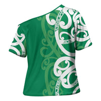 Pounamu Green Maori Cross Shoulder Shirt Koru Kowhaiwhai - Polynesian Pride