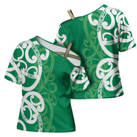 Pounamu Green Maori Cross Shoulder Shirt Koru Kowhaiwhai - Polynesian Pride