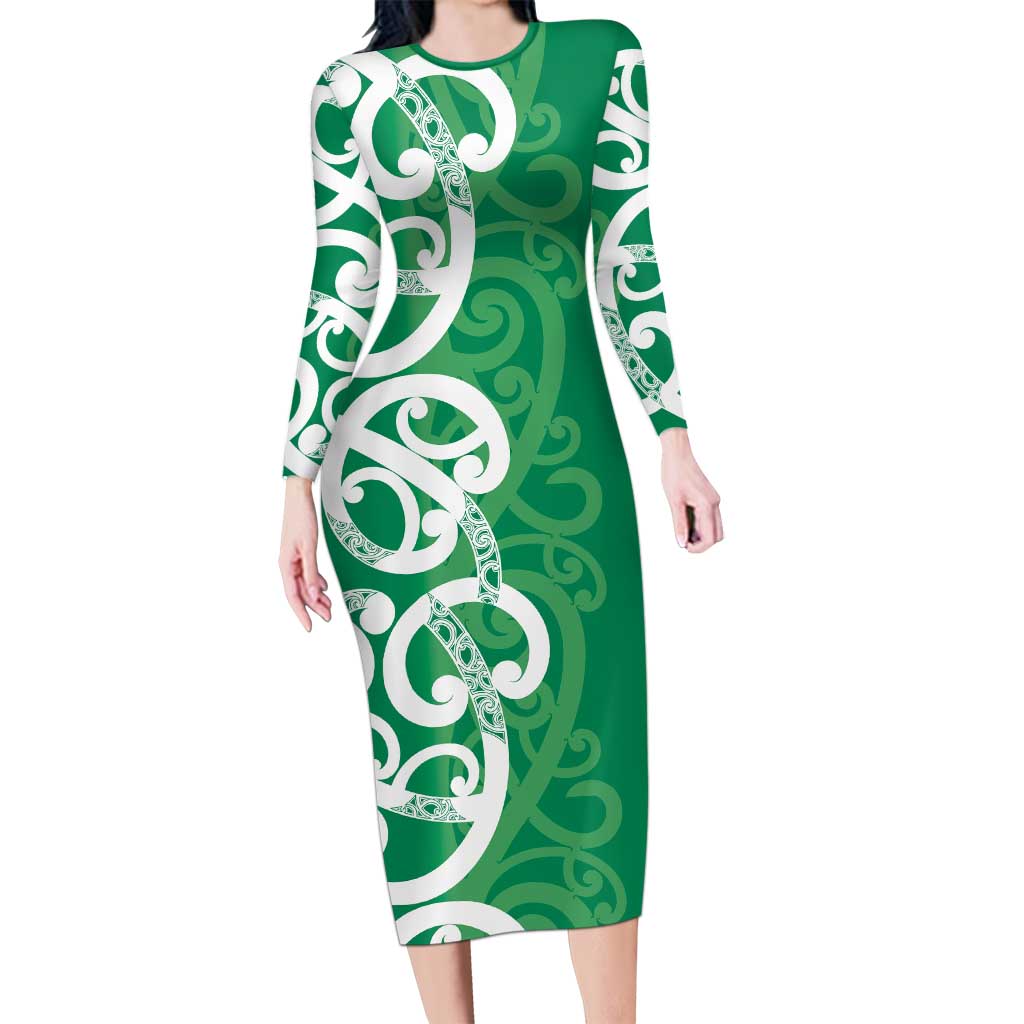 Pounamu Green Maori Family Matching Long Sleeve Bodycon Dress and Hawaiian Shirt Koru Kowhaiwhai LT7 Mom's Dress Green - Polynesian Pride