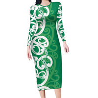 Pounamu Green Maori Family Matching Long Sleeve Bodycon Dress and Hawaiian Shirt Koru Kowhaiwhai LT7 Mom's Dress Green - Polynesian Pride