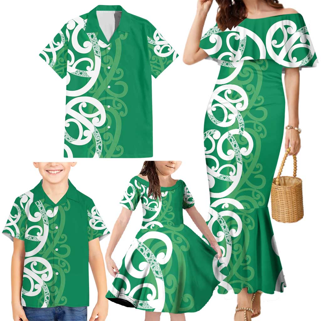 Pounamu Green Maori Family Matching Mermaid Dress and Hawaiian Shirt Koru Kowhaiwhai - Polynesian Pride