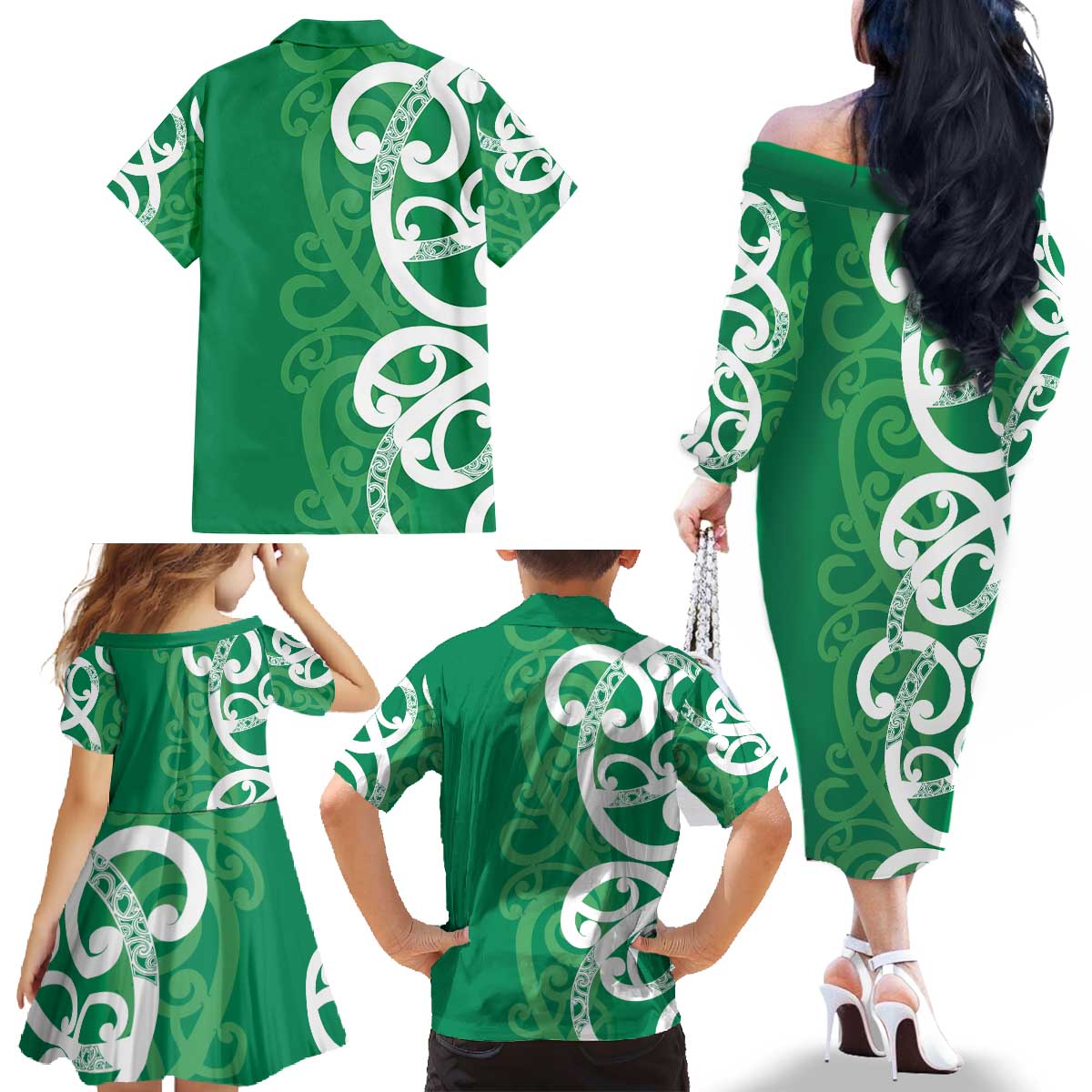 Pounamu Green Maori Family Matching Off The Shoulder Long Sleeve Dress and Hawaiian Shirt Koru Kowhaiwhai LT7 - Polynesian Pride