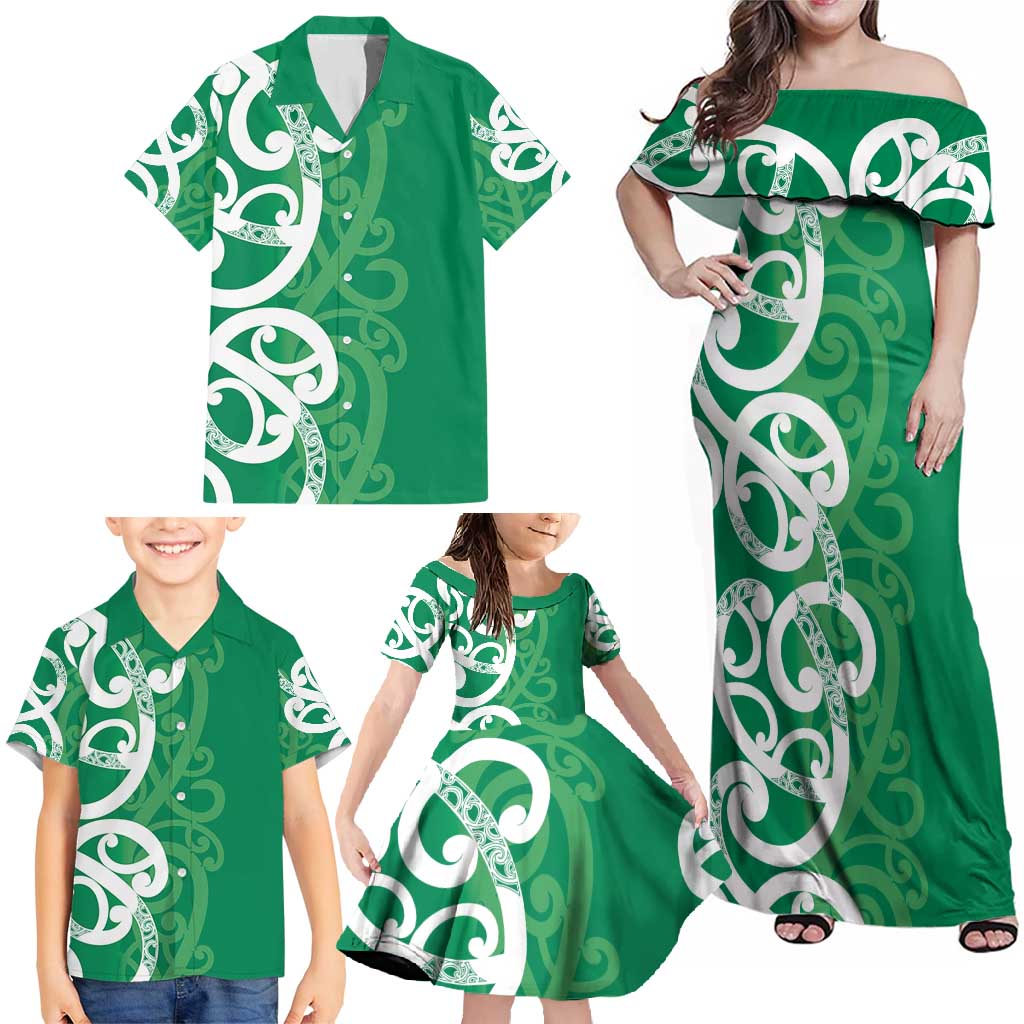 Pounamu Green Maori Family Matching Off Shoulder Maxi Dress and Hawaiian Shirt Koru Kowhaiwhai LT7 - Polynesian Pride