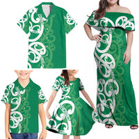 Pounamu Green Maori Family Matching Off Shoulder Maxi Dress and Hawaiian Shirt Koru Kowhaiwhai LT7 - Polynesian Pride