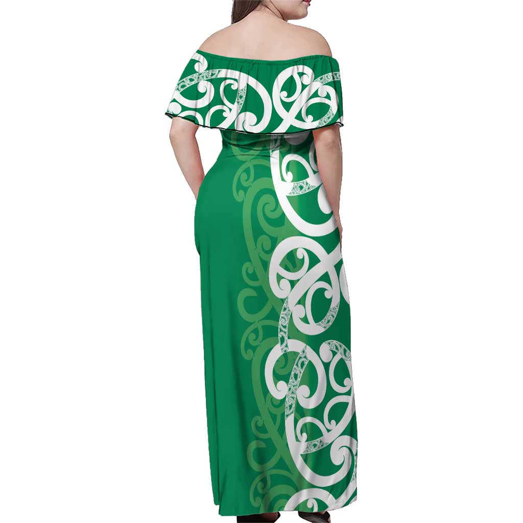 Pounamu Green Maori Family Matching Off Shoulder Maxi Dress and Hawaiian Shirt Koru Kowhaiwhai LT7 - Polynesian Pride