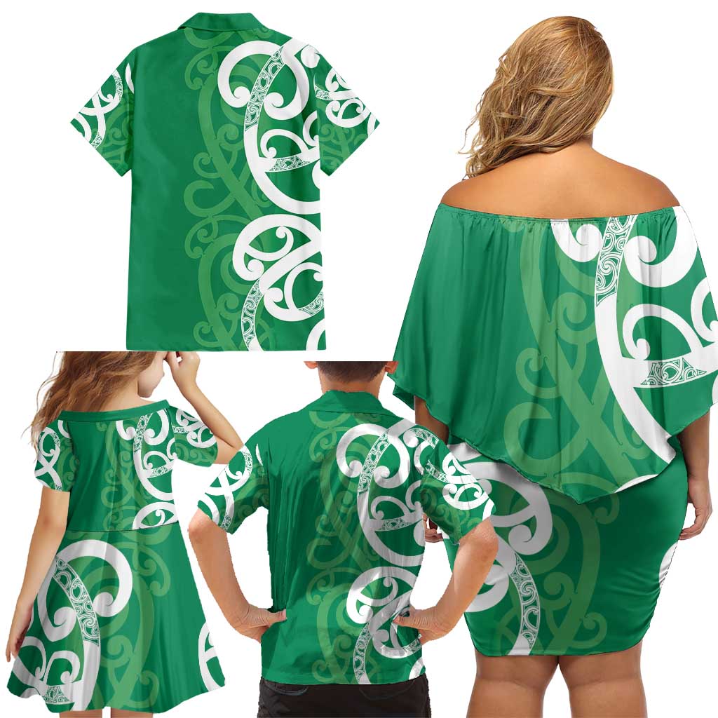 Pounamu Green Maori Family Matching Off Shoulder Short Dress and Hawaiian Shirt Koru Kowhaiwhai LT7 - Polynesian Pride