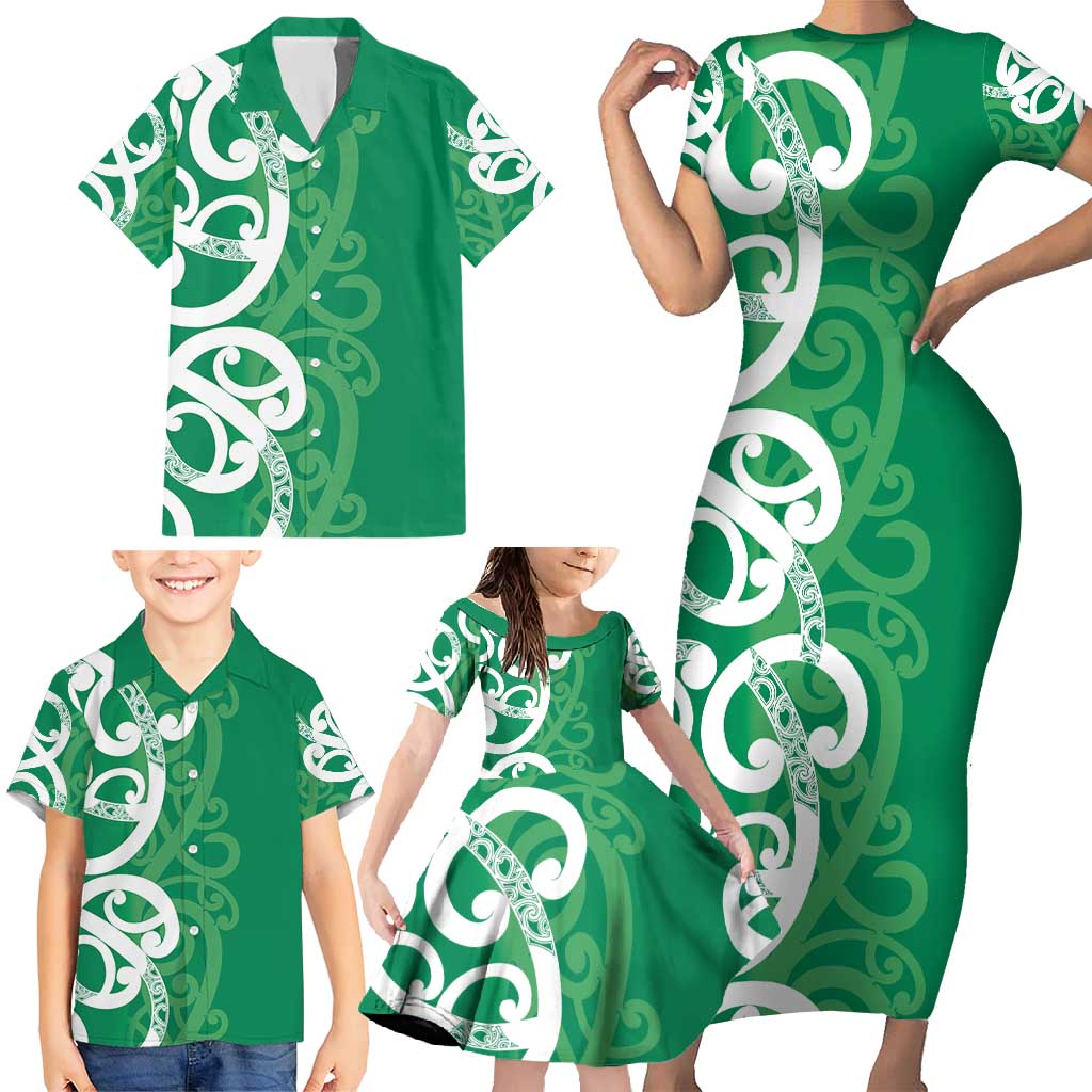 Pounamu Green Maori Family Matching Short Sleeve Bodycon Dress and Hawaiian Shirt Koru Kowhaiwhai LT7 - Polynesian Pride