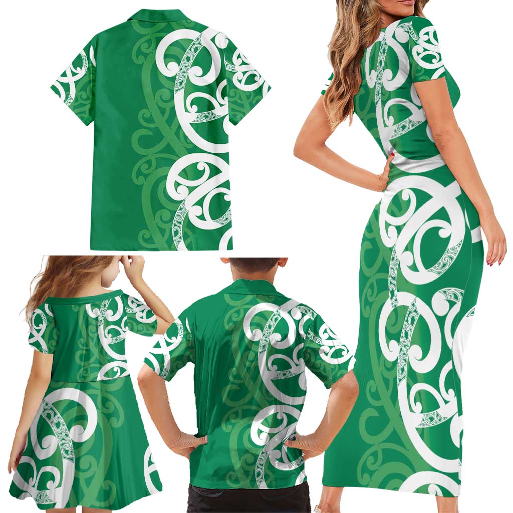 Pounamu Green Maori Family Matching Short Sleeve Bodycon Dress and Hawaiian Shirt Koru Kowhaiwhai LT7 - Polynesian Pride