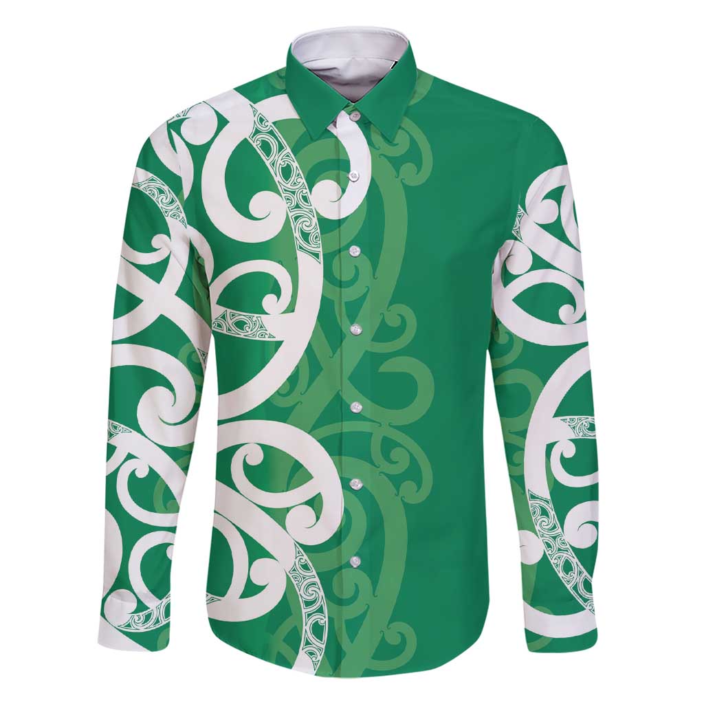 Pounamu Green Maori Family Matching Short Sleeve Bodycon Dress and Hawaiian Shirt Koru Kowhaiwhai LT7 Dad's Shirt - Long Sleeve Green - Polynesian Pride