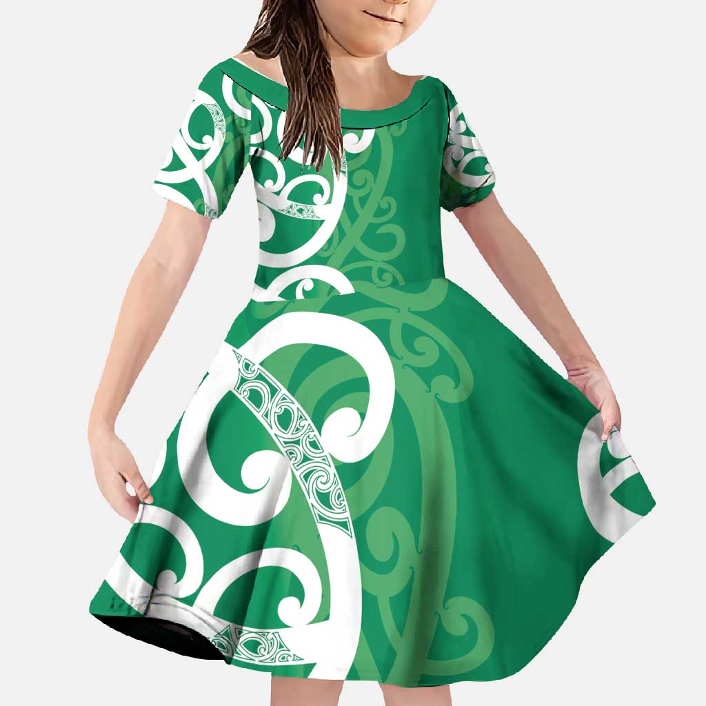 Pounamu Green Maori Family Matching Summer Maxi Dress and Hawaiian Shirt Koru Kowhaiwhai LT7 Daughter's Dress Green - Polynesian Pride