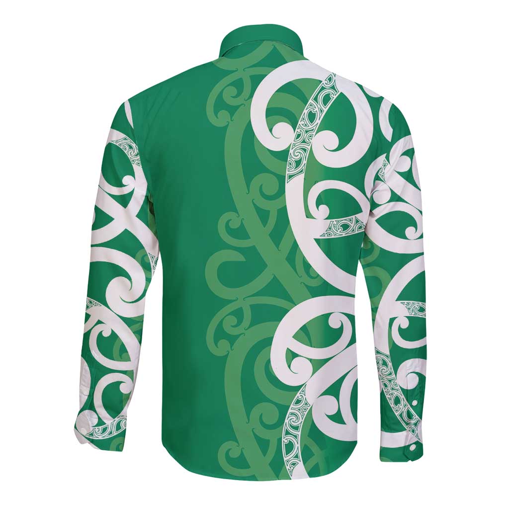 Pounamu Green Maori Long Sleeve Button Shirt Koru Kowhaiwhai - Polynesian Pride