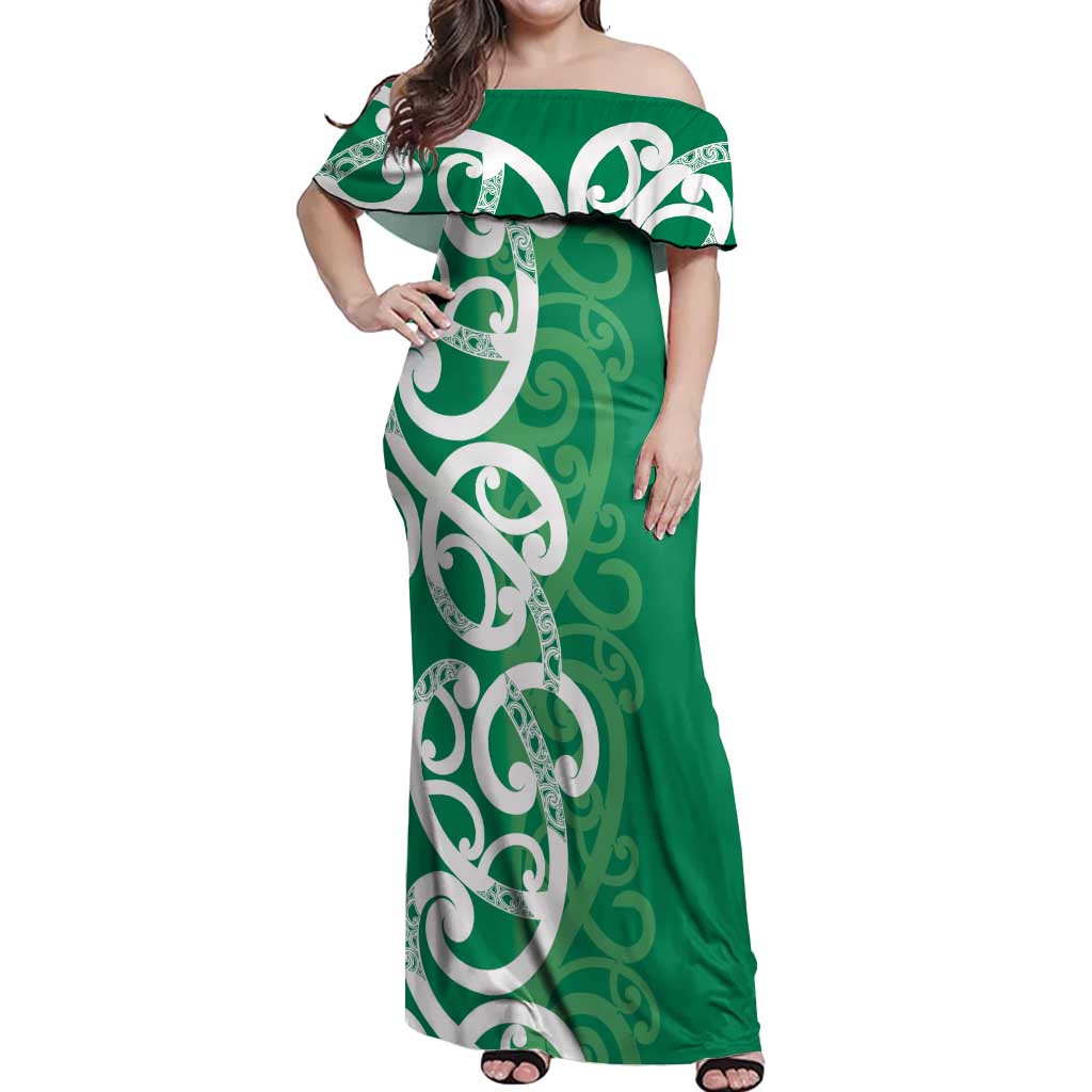 Pounamu Green Maori Off Shoulder Maxi Dress Koru Kowhaiwhai - Polynesian Pride