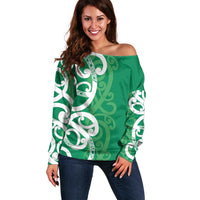 Pounamu Green Maori Off Shoulder Sweater Koru Kowhaiwhai - Polynesian Pride