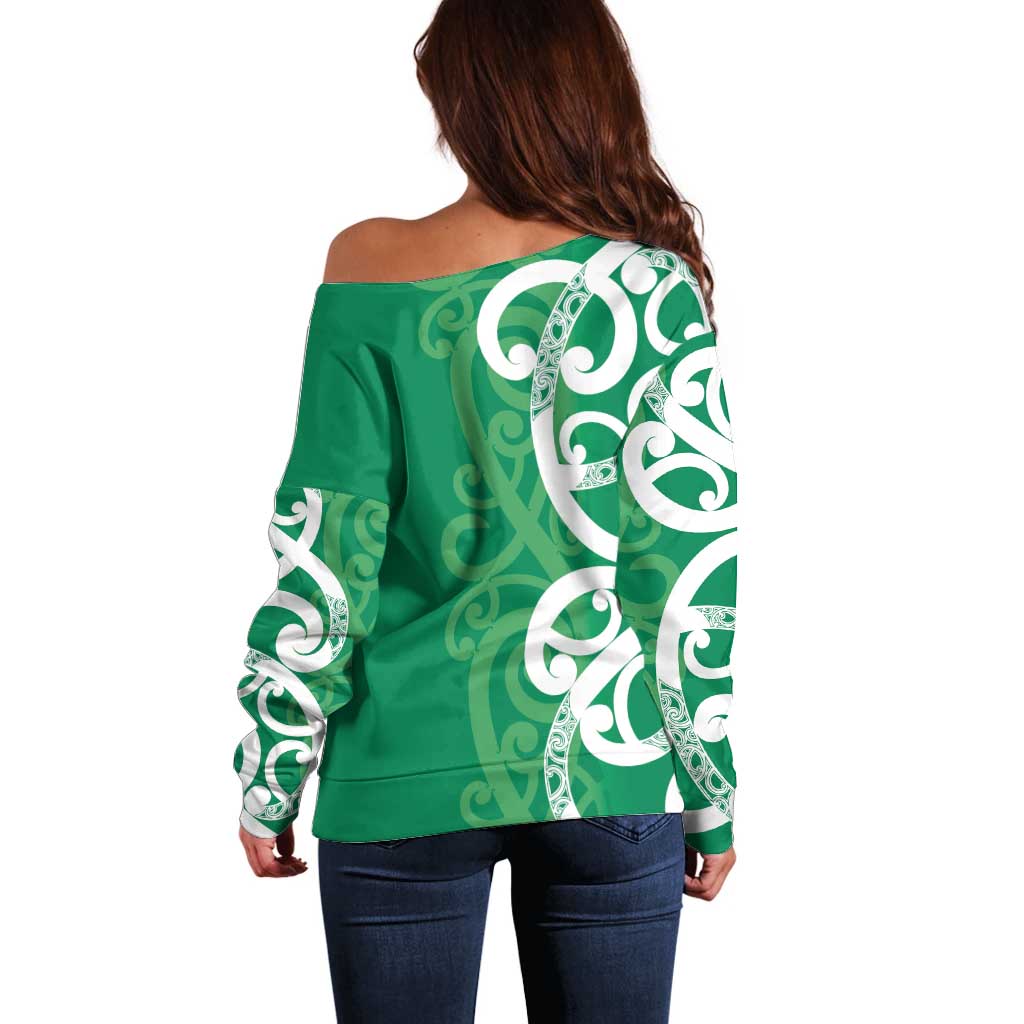 Pounamu Green Maori Off Shoulder Sweater Koru Kowhaiwhai - Polynesian Pride