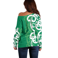 Pounamu Green Maori Off Shoulder Sweater Koru Kowhaiwhai - Polynesian Pride