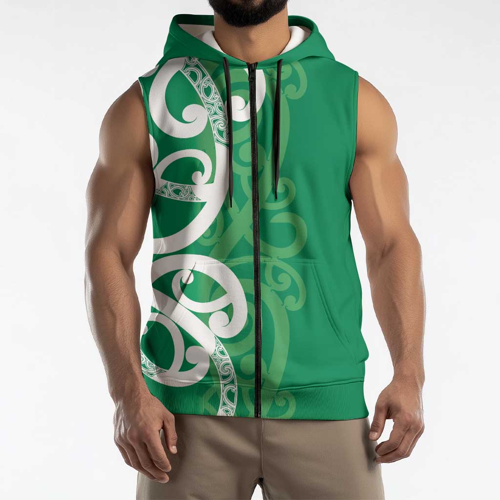 Pounamu Green Maori Sleeveless Zip Hoodie Koru Kowhaiwhai - Polynesian Pride