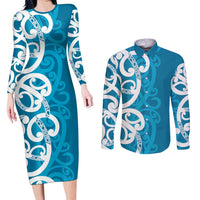 Azure Blue Maori Couples Matching Long Sleeve Bodycon Dress and Long Sleeve Button Shirt Koru Kowhaiwhai - Polynesian Pride