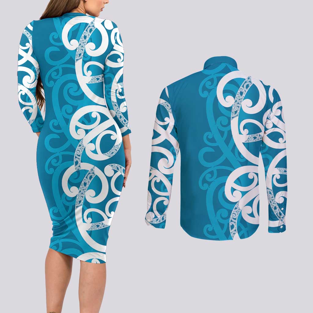 Azure Blue Maori Couples Matching Long Sleeve Bodycon Dress and Long Sleeve Button Shirt Koru Kowhaiwhai - Polynesian Pride
