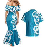 Azure Blue Maori Couples Matching Mermaid Dress and Hawaiian Shirt Koru Kowhaiwhai - Polynesian Pride