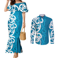 Azure Blue Maori Couples Matching Mermaid Dress and Long Sleeve Button Shirt Koru Kowhaiwhai - Polynesian Pride