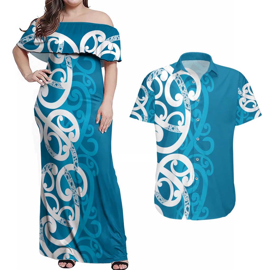 Azure Blue Maori Couples Matching Off Shoulder Maxi Dress and Hawaiian Shirt Koru Kowhaiwhai - Polynesian Pride