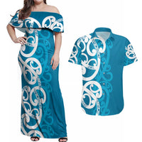 Azure Blue Maori Couples Matching Off Shoulder Maxi Dress and Hawaiian Shirt Koru Kowhaiwhai - Polynesian Pride