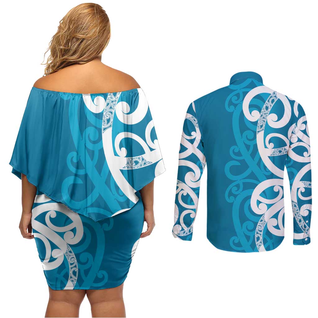 Azure Blue Maori Couples Matching Off Shoulder Short Dress and Long Sleeve Button Shirt Koru Kowhaiwhai - Polynesian Pride