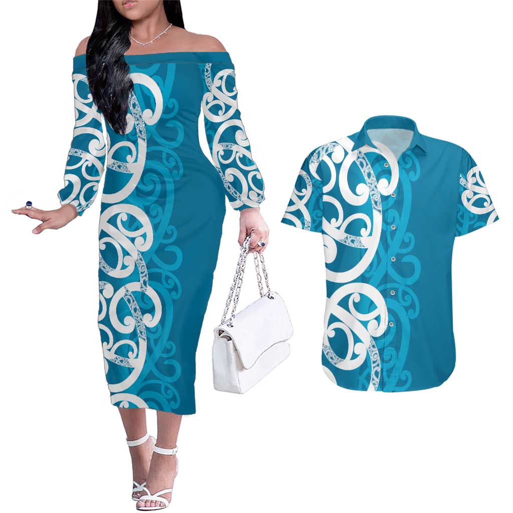 Azure Blue Maori Couples Matching Off The Shoulder Long Sleeve Dress and Hawaiian Shirt Koru Kowhaiwhai - Polynesian Pride