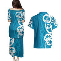 Azure Blue Maori Couples Matching Puletasi and Hawaiian Shirt Koru Kowhaiwhai - Polynesian Pride