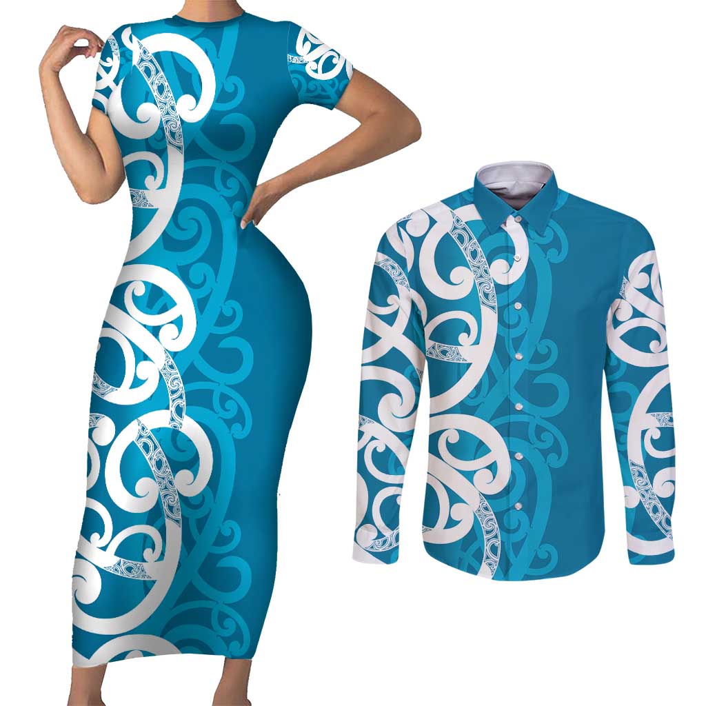 Azure Blue Maori Couples Matching Short Sleeve Bodycon Dress and Long Sleeve Button Shirt Koru Kowhaiwhai LT7 Blue - Polynesian Pride