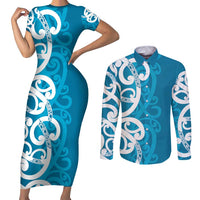 Azure Blue Maori Couples Matching Short Sleeve Bodycon Dress and Long Sleeve Button Shirt Koru Kowhaiwhai LT7 Blue - Polynesian Pride