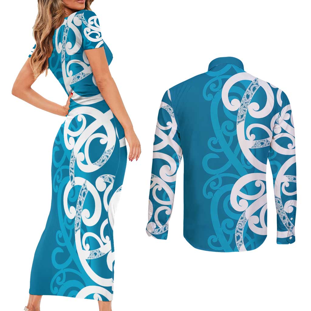 Azure Blue Maori Couples Matching Short Sleeve Bodycon Dress and Long Sleeve Button Shirt Koru Kowhaiwhai LT7 - Polynesian Pride