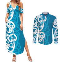 Azure Blue Maori Couples Matching Summer Maxi Dress and Long Sleeve Button Shirt Koru Kowhaiwhai - Polynesian Pride