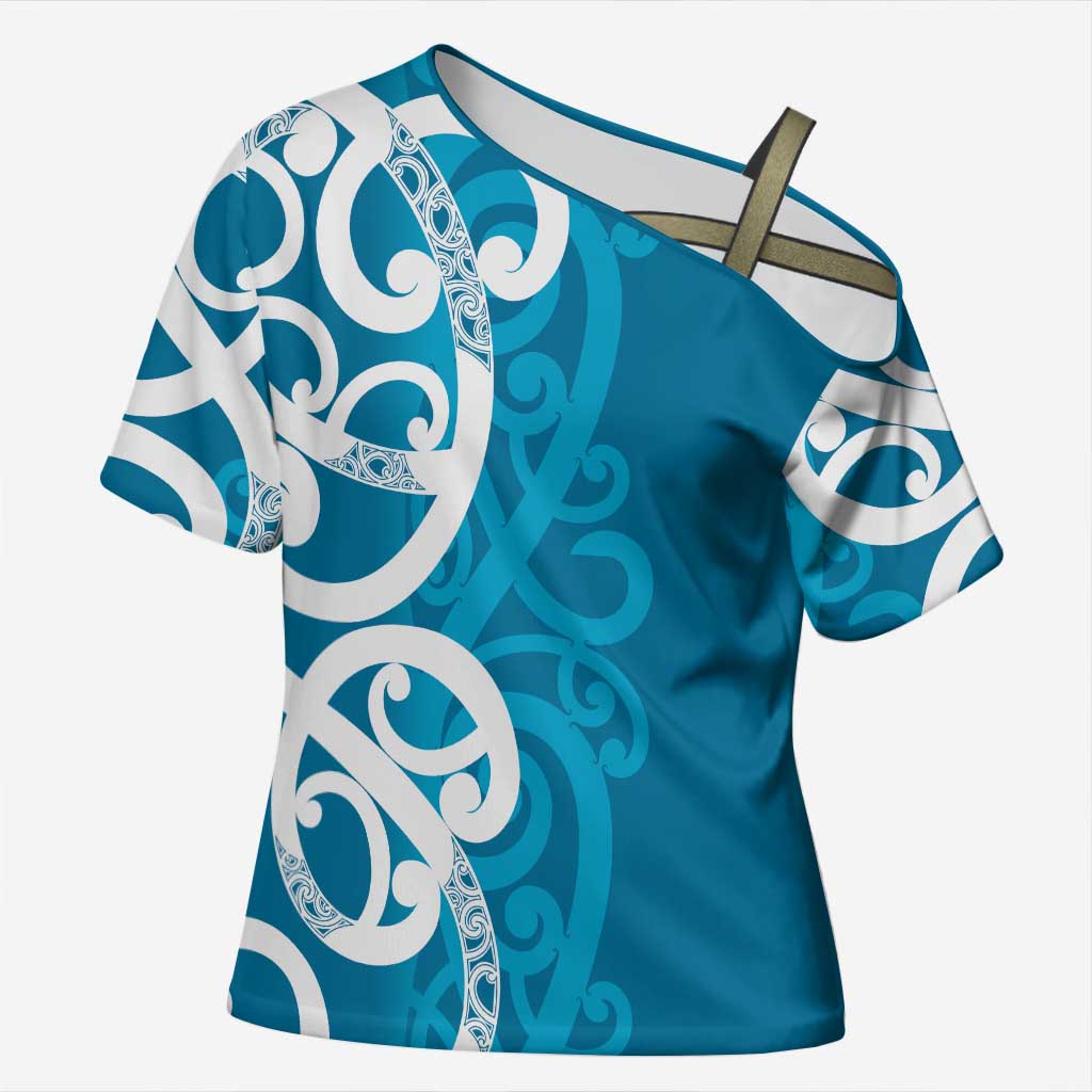 Azure Blue Maori Cross Shoulder Shirt Koru Kowhaiwhai - Polynesian Pride