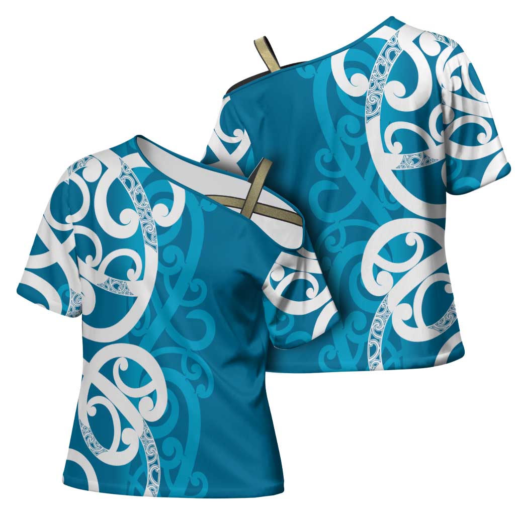 Azure Blue Maori Cross Shoulder Shirt Koru Kowhaiwhai - Polynesian Pride