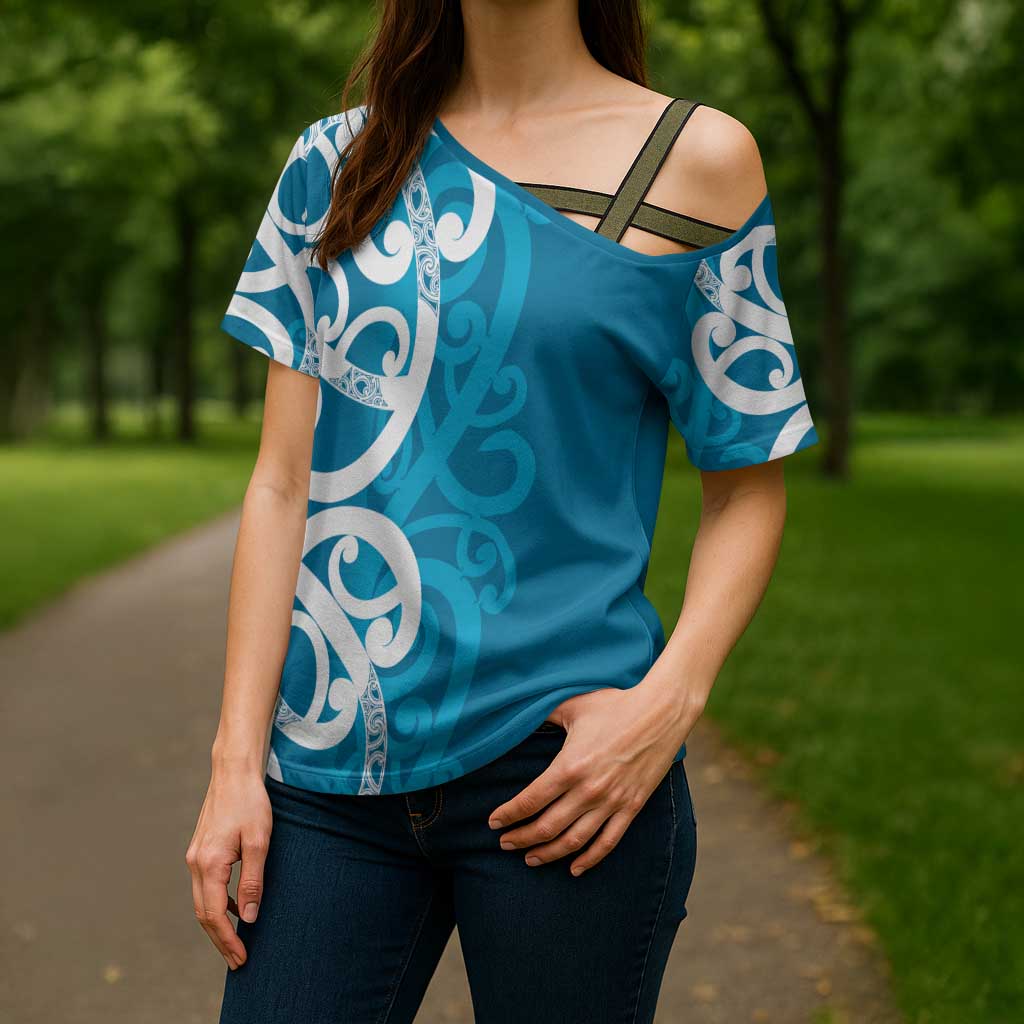 Azure Blue Maori Cross Shoulder Shirt Koru Kowhaiwhai - Polynesian Pride